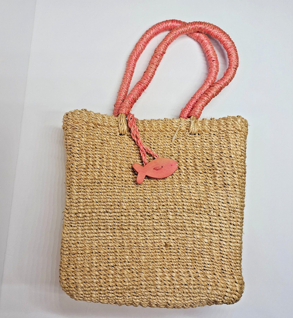 Croft & Barrow Straw Woven Purse Handbag Tote Bag w/Peach/Orange Trim Vintage